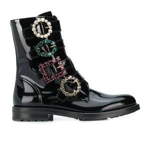 Dolce & Gabbana Glossy Black Boots with Jewel-Toned Buckles
